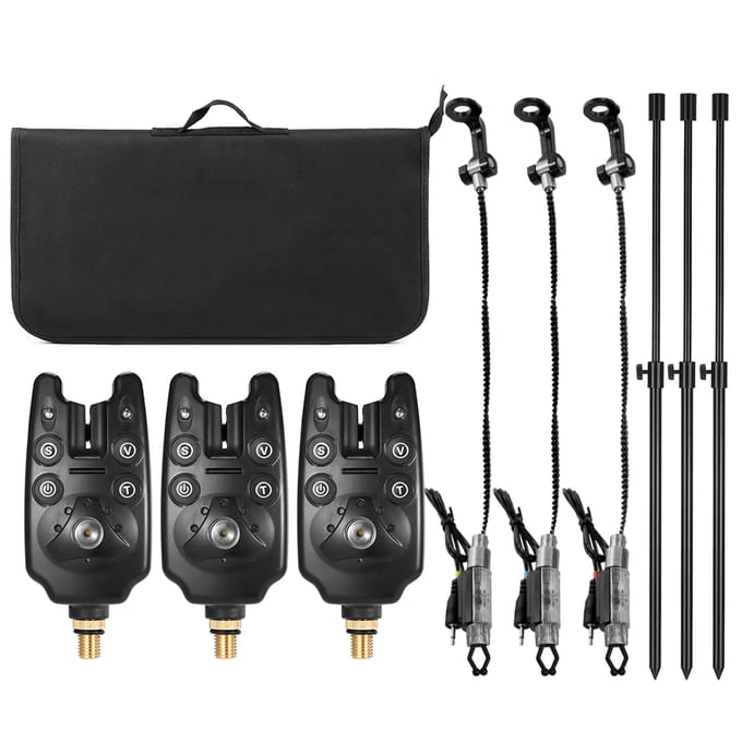 Visbeetmelders Visbanksticks Swingers Set met Gevoerde Visgereedschapstas set 2 zwart
