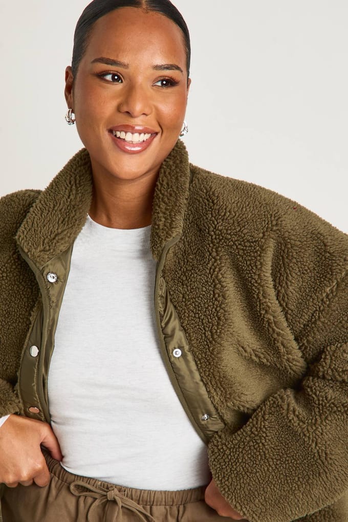 boohoo Dames Plus Teddy Bontjas | Khaki | Maat: 18