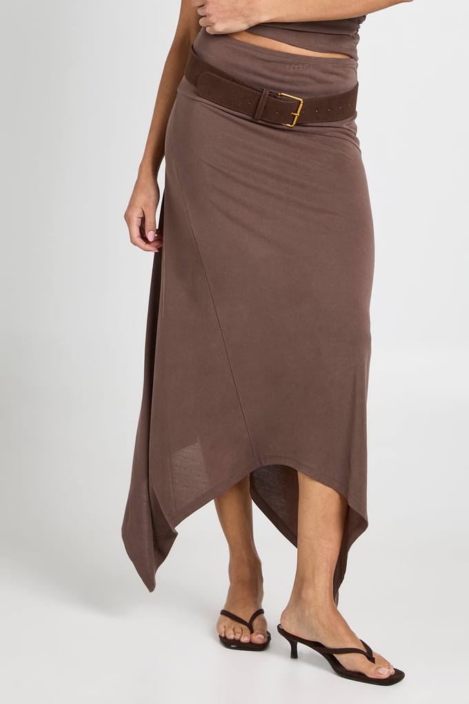 boohoo Dames Cupro Rok Met Zakdoekzoom Midaxi Lengte | Chocoladebruin | Maat: 36