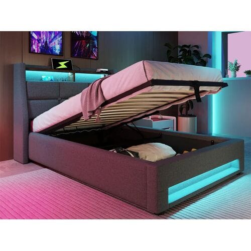 ModernLuxe Linnenopbergbed 90x200cm met LED- en USB-poorten - lattenbodem - grijs