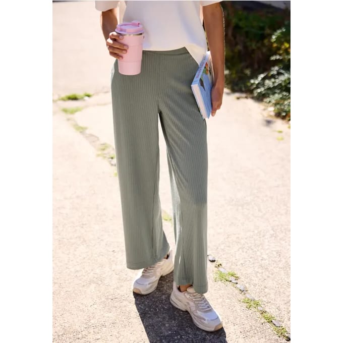 Broek met Wide Leg pijpen en geribbelde structuur