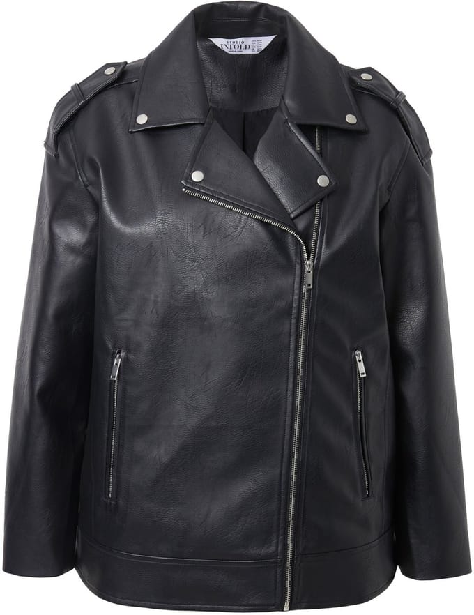 Studio Untold - Dames - Bikerjas imitatieleer langer en oversized metallic rits - Zwart - Maat 46+