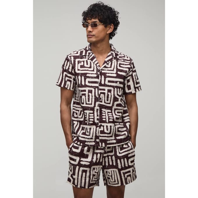 Getextureerd Geometrisch Bedrukt Regular Shirt & Relaxed Short Set | Chocolate | Size Medium