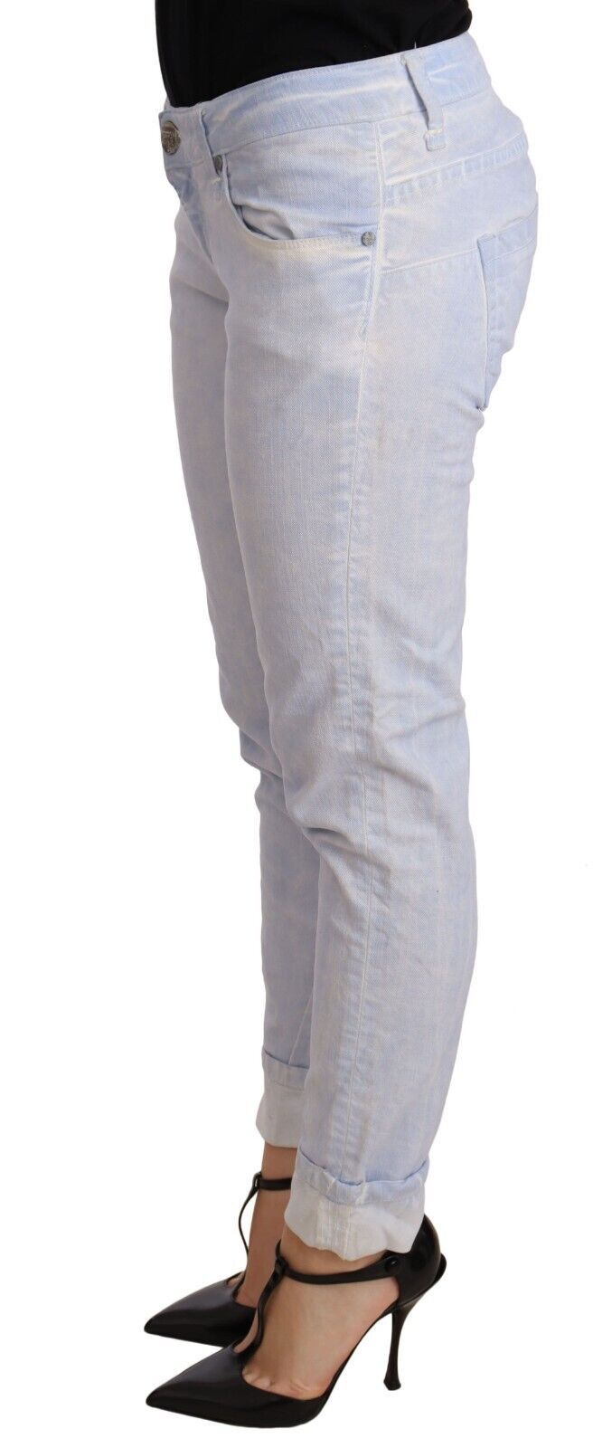 Acht Lichtblauwe Katoenen Vouwzoom Skinny Jeans