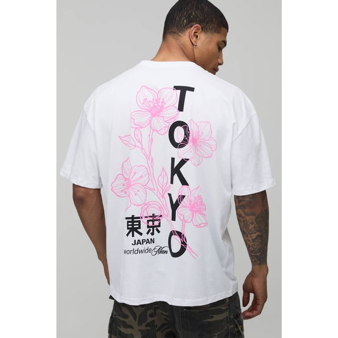 Wit Oversized Tokyo Bloemenprint T-Shirt | White | Size XS