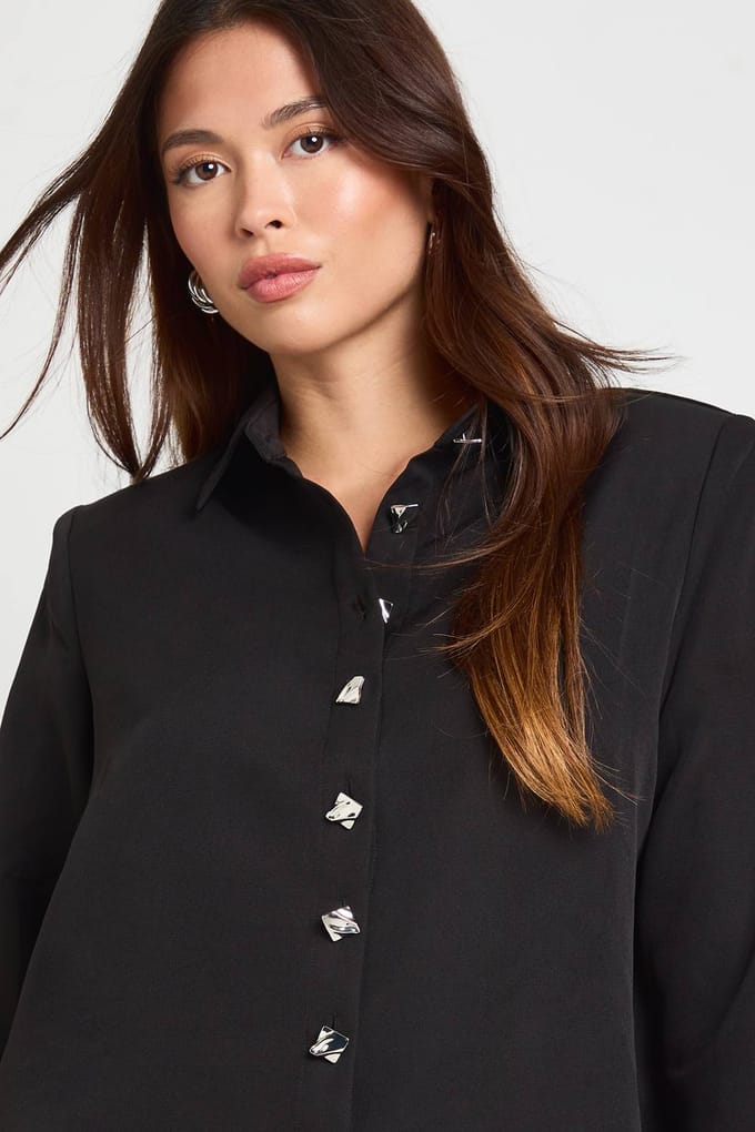 boohoo Dames Zilveren Knop Geweven Schoudervulling Overhemd | Black | Maat: 8