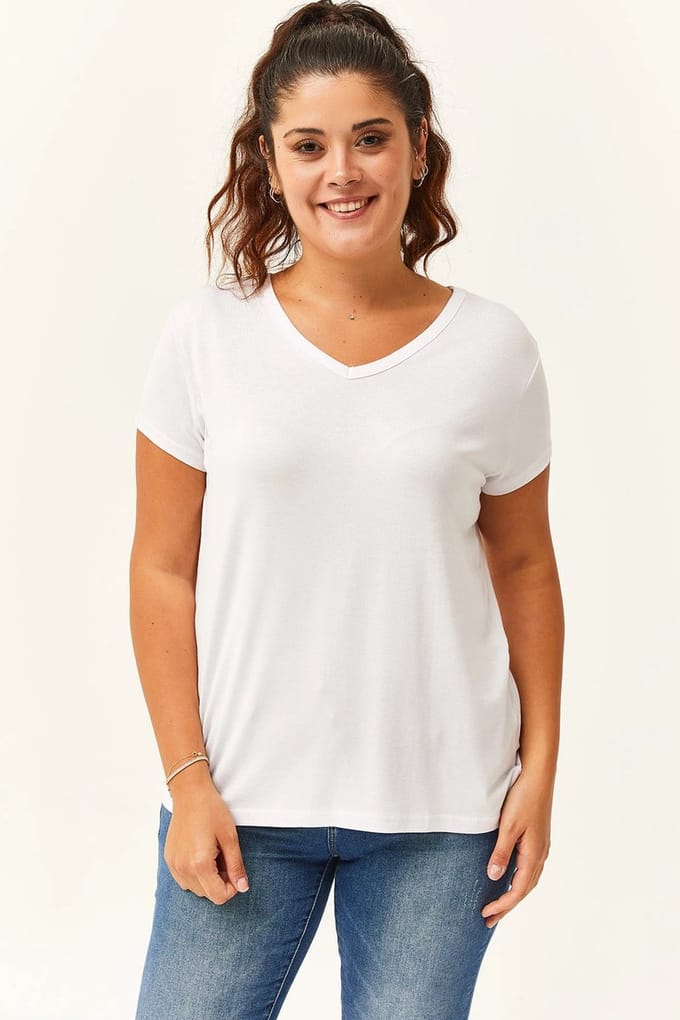 Dames Large V-Hals Basic Kortemouw Wit T-Shirt