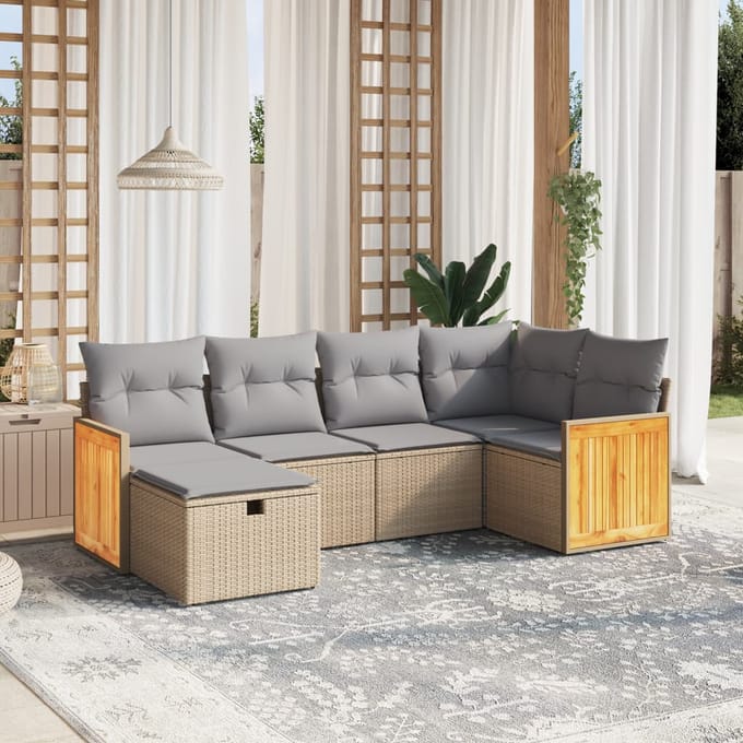 vidaXL - 6-delige - Loungeset - met - kussens - poly - rattan - gemengd - beige
