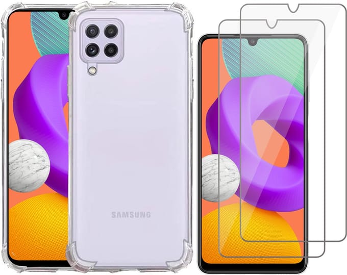 Hoesje geschikt voor Samsung Galaxy M22 - Transparant Backcover Shockproof Case + 2x Glas Screen Protector