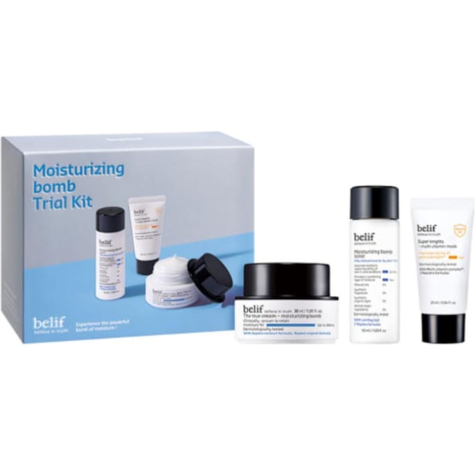 belif The True Cream Moisturizing Bomb Coffret Découverte - Moisturizing Bomb 30ml + Super Knights Masque Multi-Vitamines 25ml + Moisturizing Bomb Toner 50ml gray