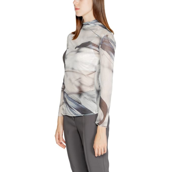 Abstracte Print Mesh Top Met Hoge Hals Lange Mouwen