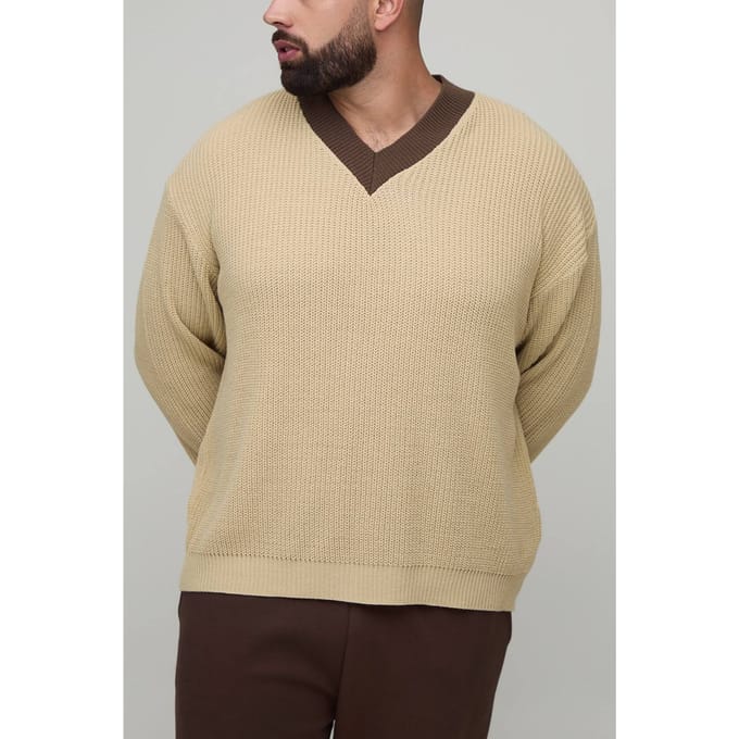 Plus Oversized Gebreide Contrasterende V-hals Trui | Ecru | Size 2XL