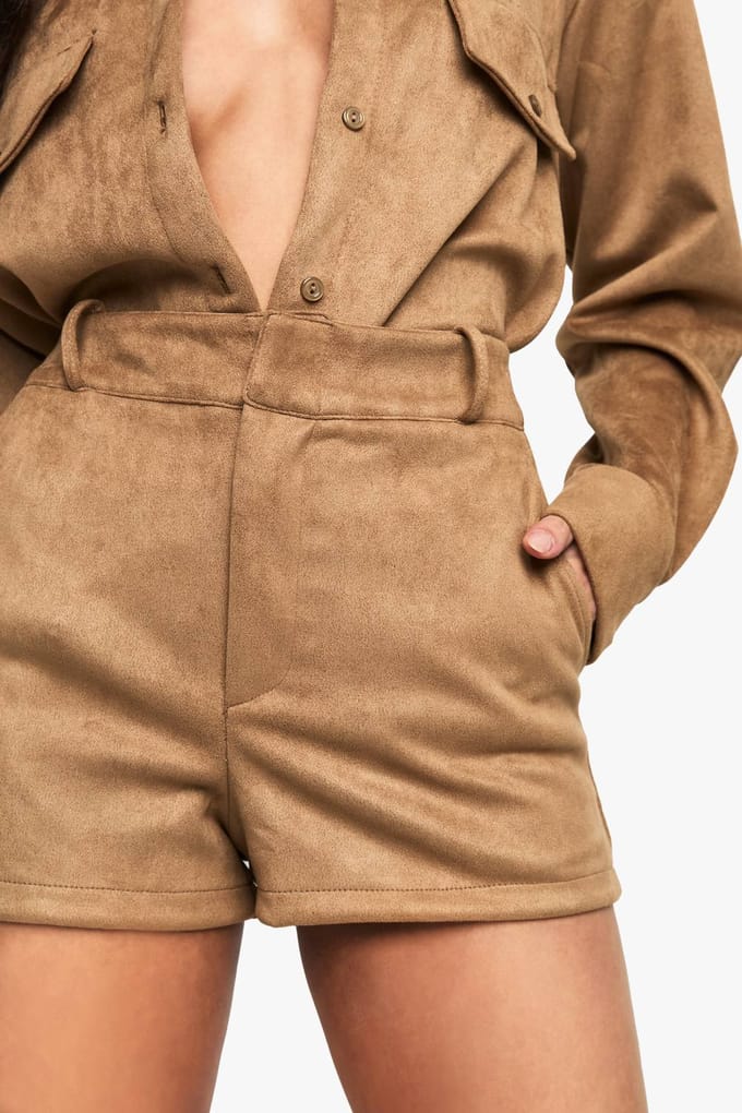 boohoo Dames Suede Look Mini Shorts | Tan | Maat: 14
