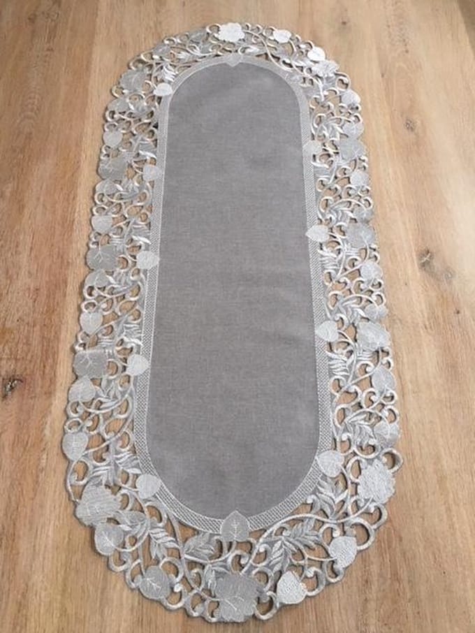 Tafelloper - Linnenlook - licht Grijs met blaadjes - Loper 45 cm