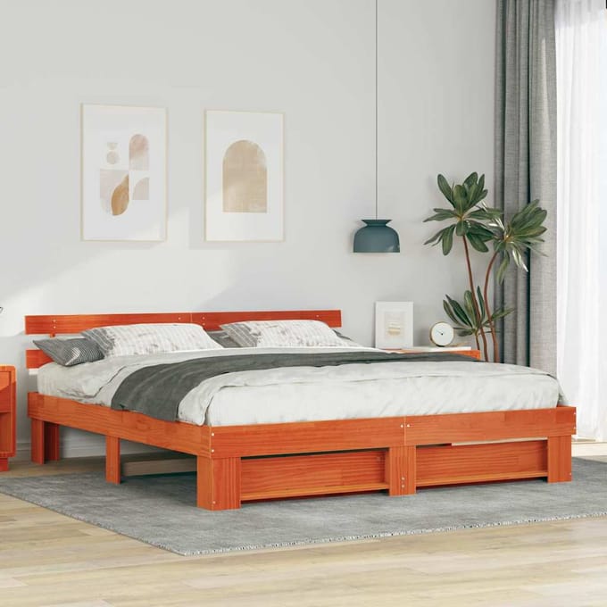 vidaXL - Bedframe - met - hoofdeinde - Bruin - 180 - x - 200 - cm - Massief - grenenhout