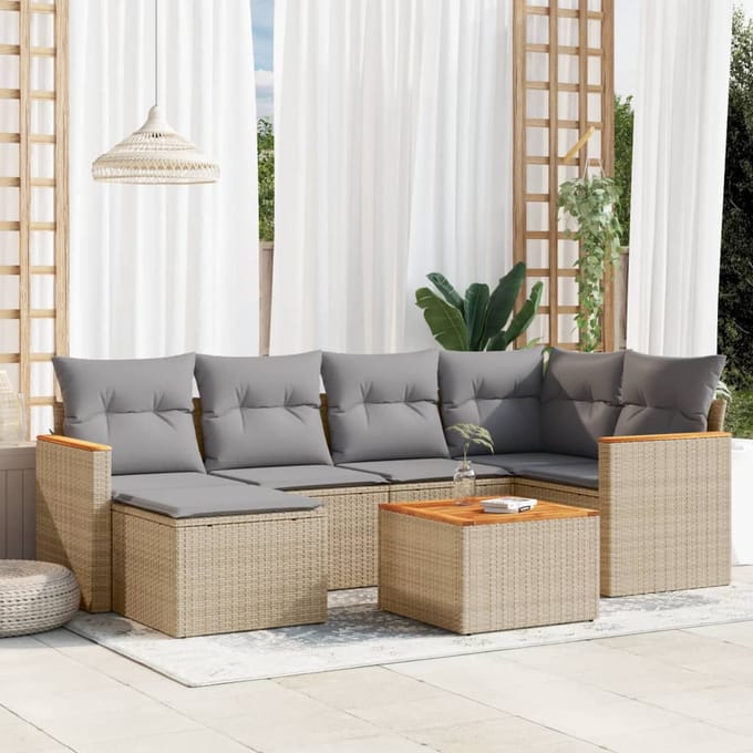 vidaXL - 7-delige - Loungeset - met - kussens - poly - rattan - gemengd - beige