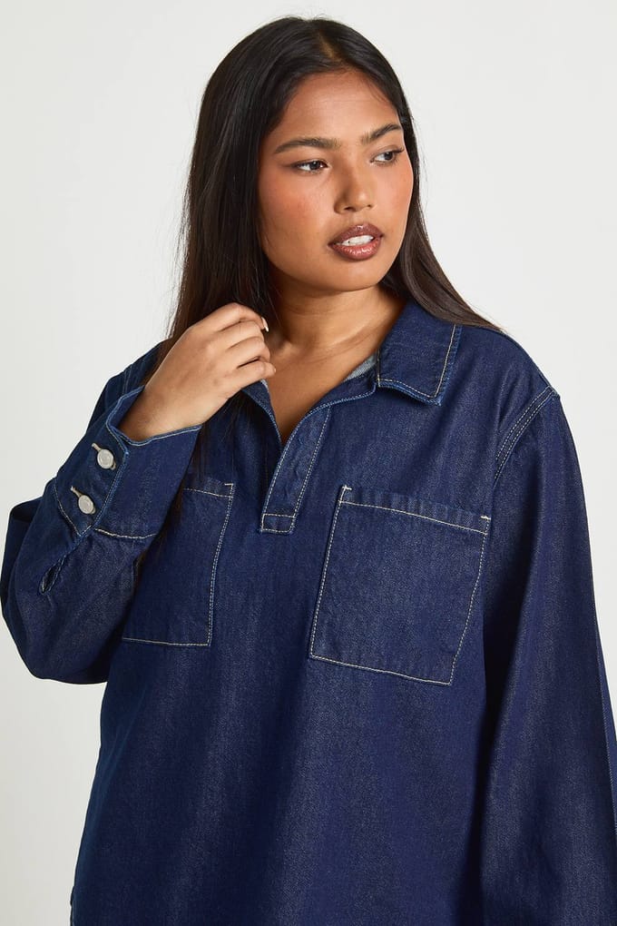 boohoo Dames Plus Denim Rugby Shirt met Kraag | Indigo | Maat: 48