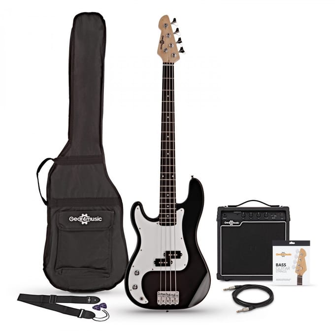 Linkshandige LA Basgitaar + 15 W Versterkerpakket, Zwart