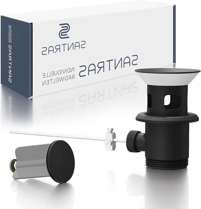 SANTRAS® Eccentric drain fitting PREMIUM for washbasin with overflow protection in matt black - complete overflow fitting with drain stopper in 1 ¼ for fixture with tie rod set
