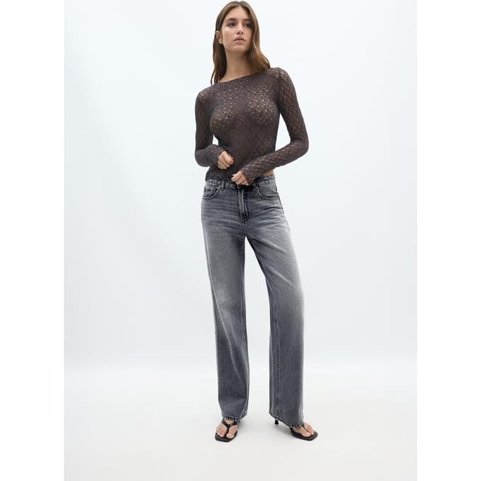 Stradivarius T-shirt van kant met lange mouw  Donkergrijs L