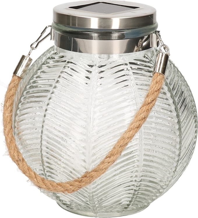 Anna's Collection Lantaarn solar gestreept glas 16 cm - warm wit licht - handvat touw - rond design