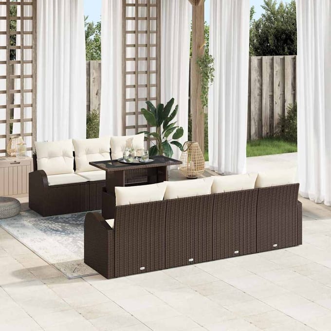 vidaXL Tuinbank Set met kussen met opslag 8 pcs Bruin Poly Riet