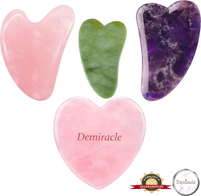 Demiracle® Gua Sha Love Bundel – 100% echte Rose Quartz, Amethis en Jade – Edelstenen – Massagehulpmiddel – Gezichtsmassage – Massage – Ontspanning – Kwaliteit
