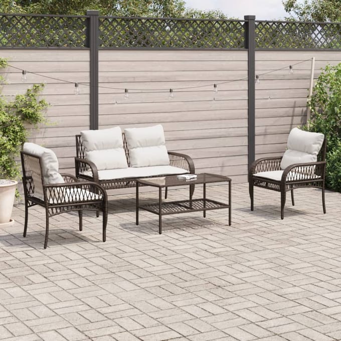 vidaXL - 4-delige - Loungeset - met - kussens - poly - rattan - bruin