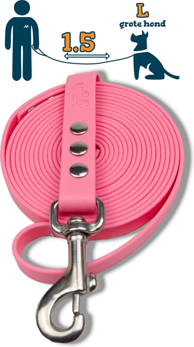 Miqdi hondenriem – BioThane ® - pastel roze - 1.5 meter lang - 19 mm breed - L/XL - grote hond
