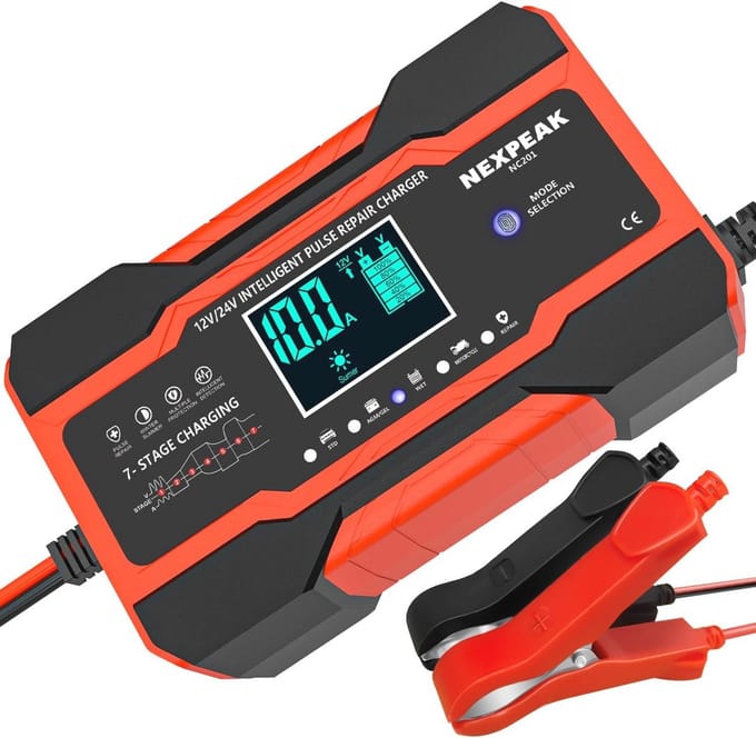Draagbare acculader 10A met LCD-display voor auto, motorfiets en vrachtwagen