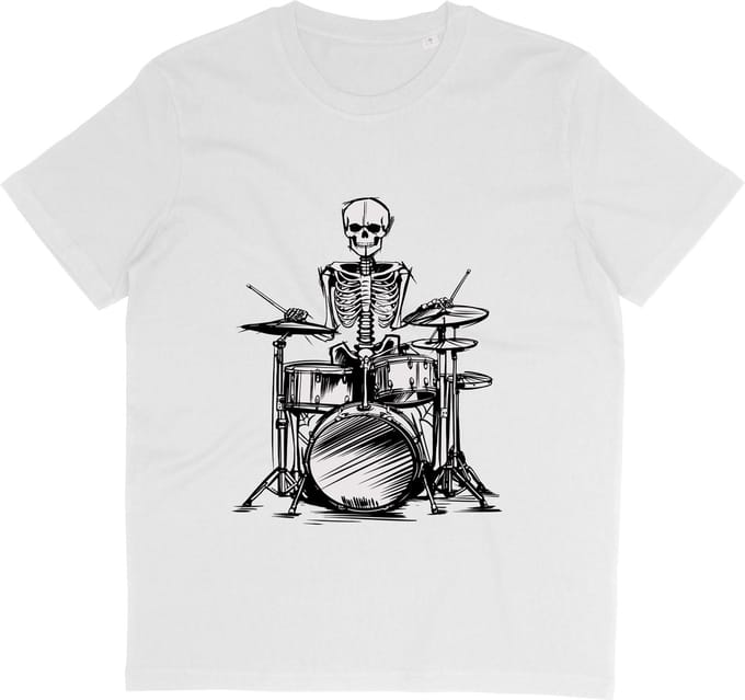 T Shirt met Grappige Skelet Drummer Print - Wit - Maat M