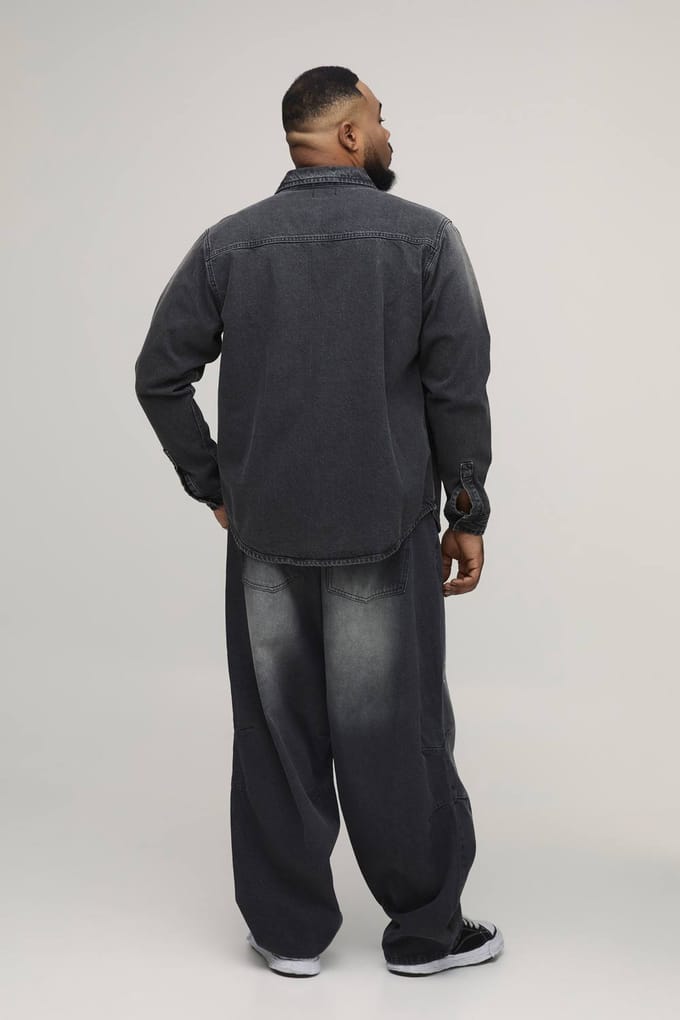 Plus Regular Fit Spray Gewassen Verfspetter Denim Overhemd | Washed Charcoal | Size 2XL