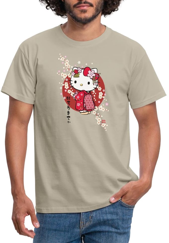Hello Kitty In Een Rode Kimono En Kersenbloesems T-Shirt Heren