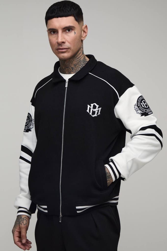Lang Boxy Fit Jack Met Kraag En Kleurblokken In Varsity Jersey Stijl | Black | Size Medium