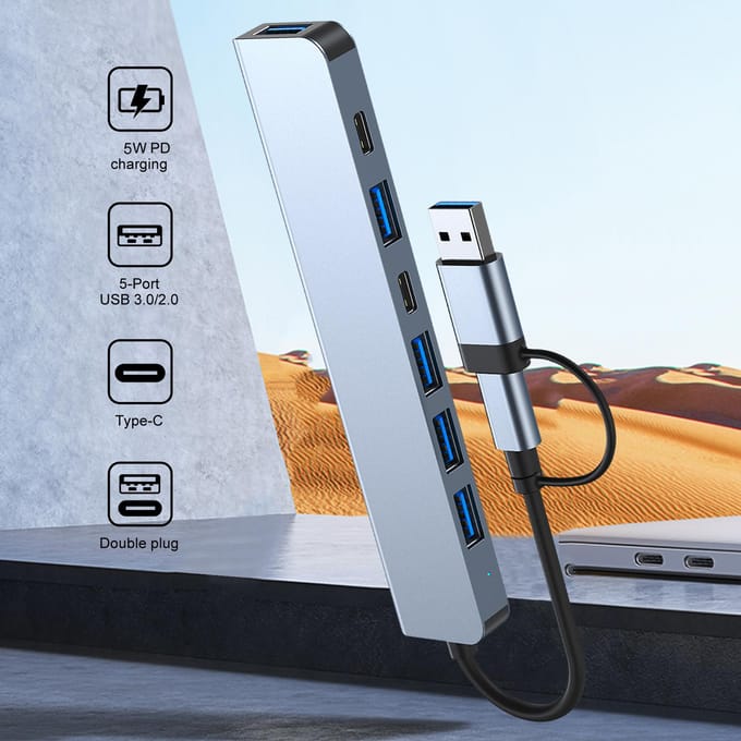 2217 USB-A+USB-C hubadapter 7-in-1 USB-dockingstation met meerdere poorten met USB3.0+USB2.0*4+PD+USB-C gray