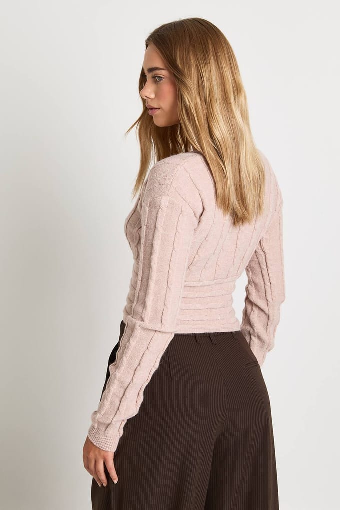 boohoo Dames Wrap Front Kabel Detail Trui | Steen | Maat: Medium