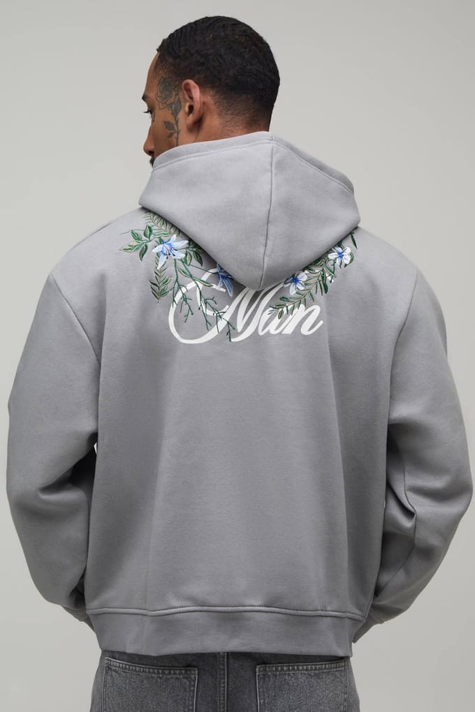Oversized Boxy Hoodie Voor Heren Met Bloemenborduursel | Grey | Size Medium
