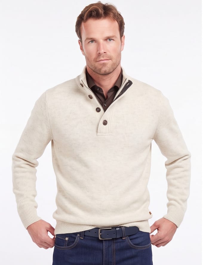 Barbour Mocker Trui Merinowol Lichtbeige - Maat L - Heren - Quarter zip
