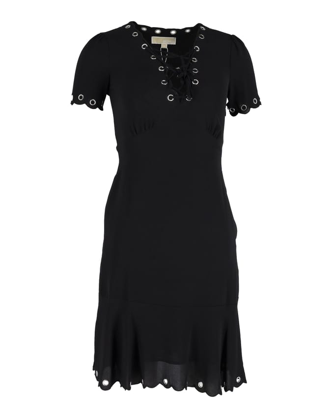 Michael Kors jurk met oogjes en vetersluiting, geschulpte rand, in zwart polyester