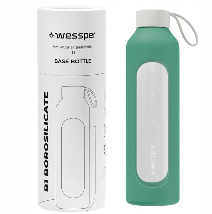Glazen Motivatiefles 1000ml – Duurzame Waterfles in LAGOON