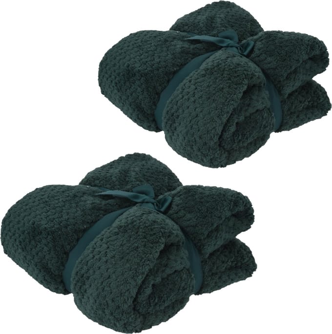 Fleece dekens/plaids - 2x - donkergroen - 130 x 170 cm