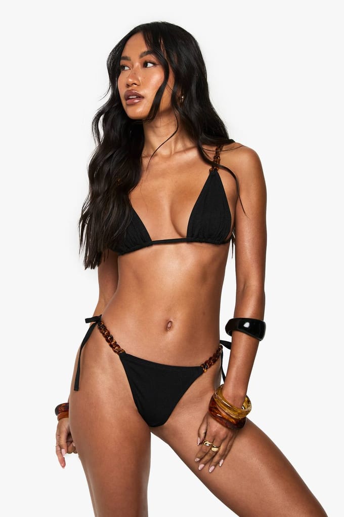 boohoo Dames Premium Swim Kettingriem Glitter Bikini Tie Side Bikini Slip | Zwart | Maat: 44