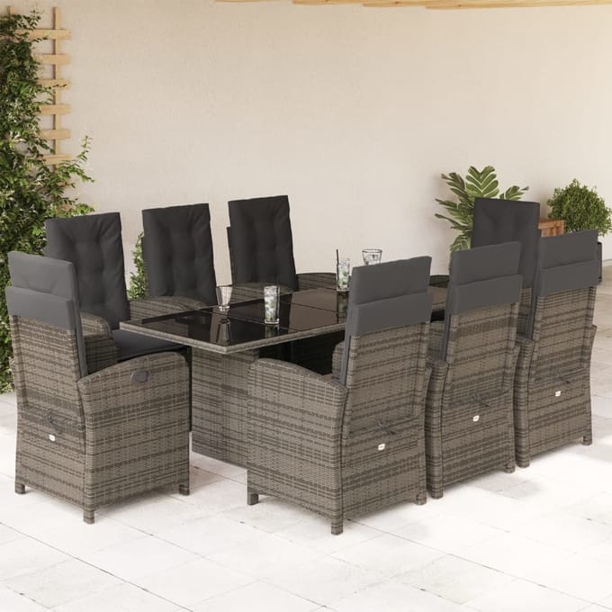 vidaXL - 9-delige - Tuinset - met - kussens - poly - rattan - grijs