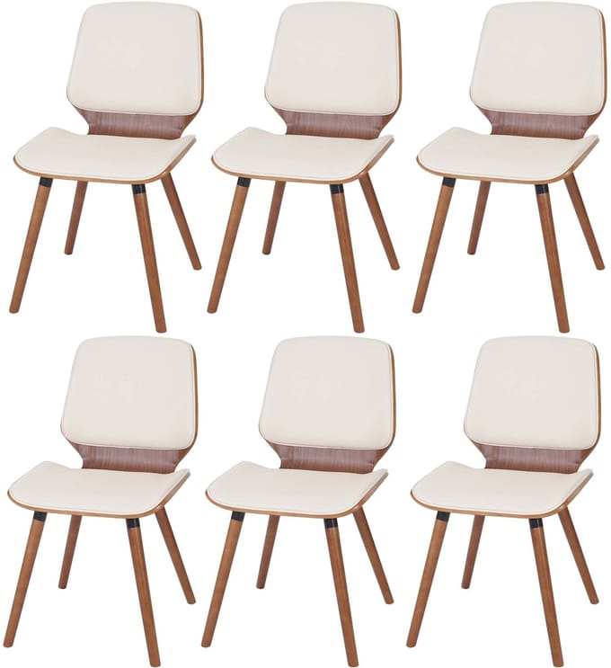 Set van 6 eetkamerstoelen MCW-B16, gebogen hout, retrodesign, walnootlook, MVG-gecertificeerd ~ kunstleer crème