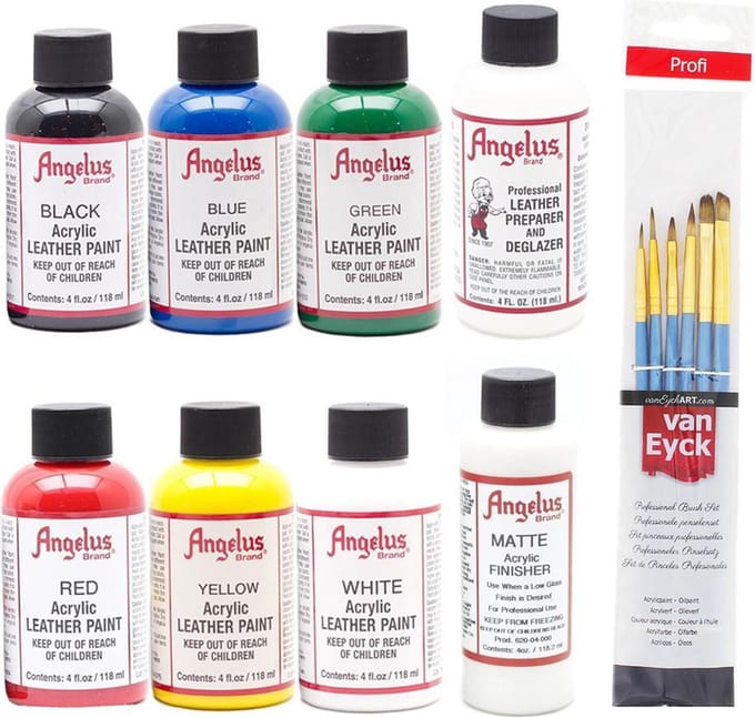 Angelus Leerverf Set Groot - 6 Kleuren 118ml, Voor- en Nabehandeling en Penselen ( Extra Flexibel Acryl )