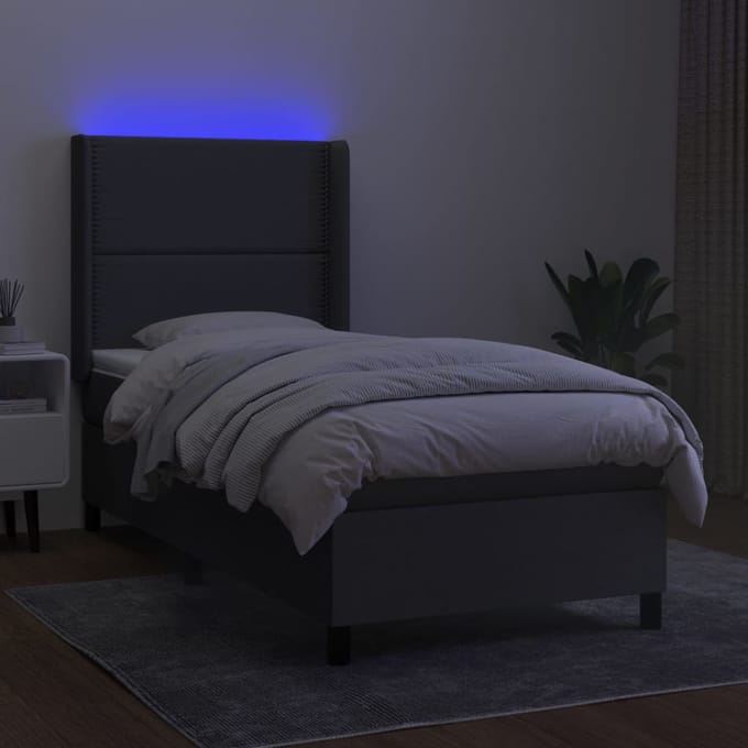 vidaXL - Boxspring - met - matras - en - LED - stof - donkergrijs - 90x190 - cm