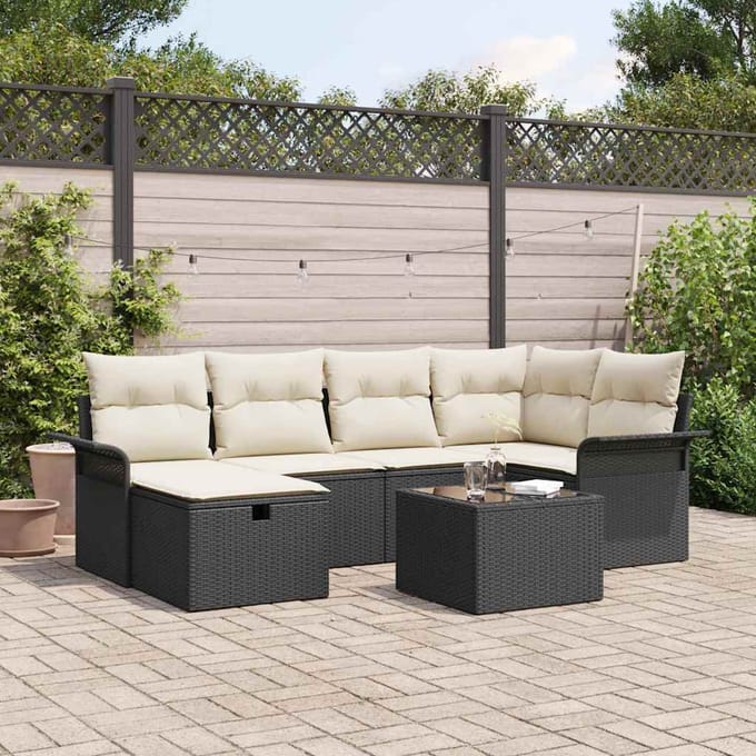 vidaXL - Tuinbank - Set - 7 - st - Zwart - en - Crème - 55 - x - 55 - x - 37 - cm - poly - rattan