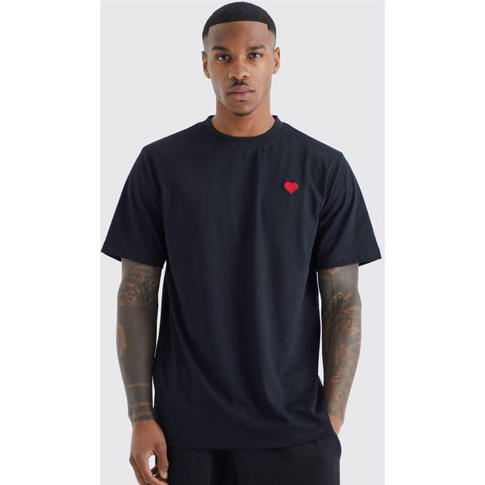 Heart Embroidered T-Shirt | Black | Size XL