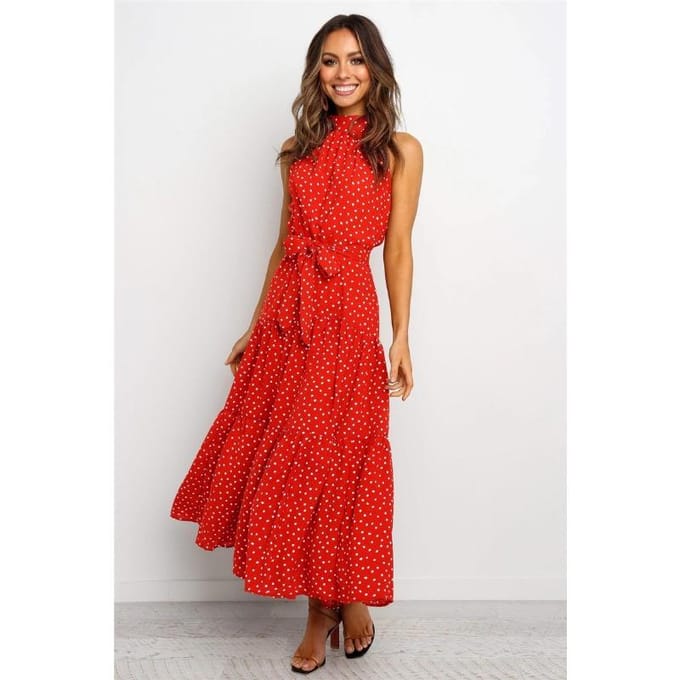 Nieuwe strandjurk met halter en stippenprint M red