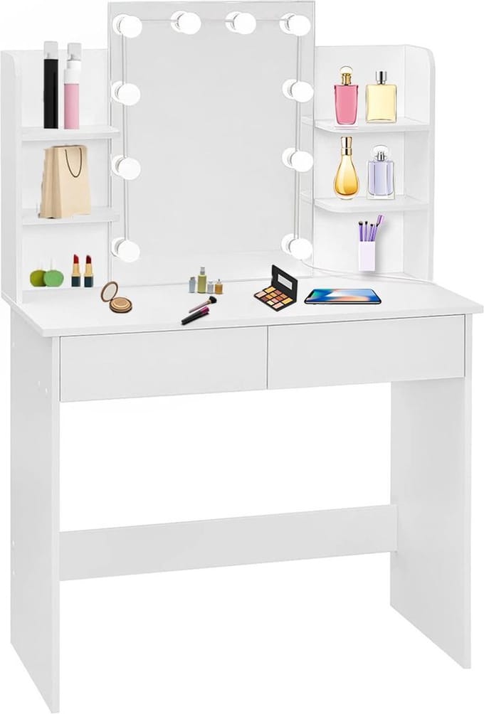 Make up Tafel - Kaptafel met Spiegel en Verlichting - Hollywood Spiegel - Hout - Wit